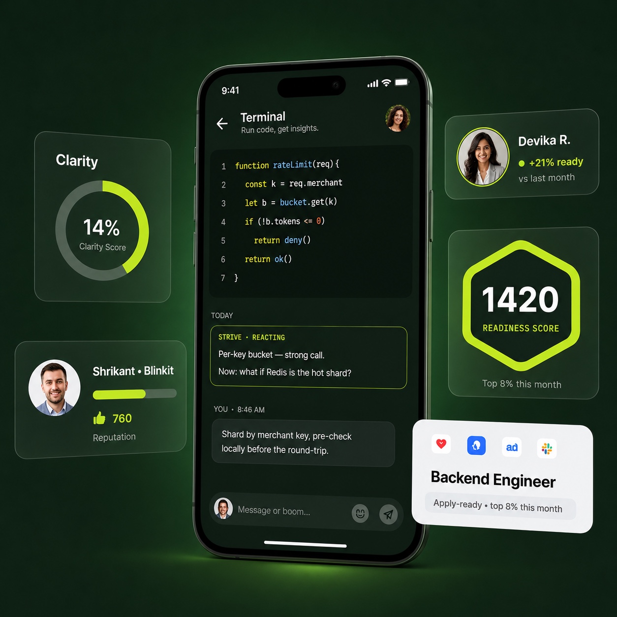 The Strive app — a live business case with an AI coach, a mentor note, a readiness score and an apply-ready Backend Engineer profile