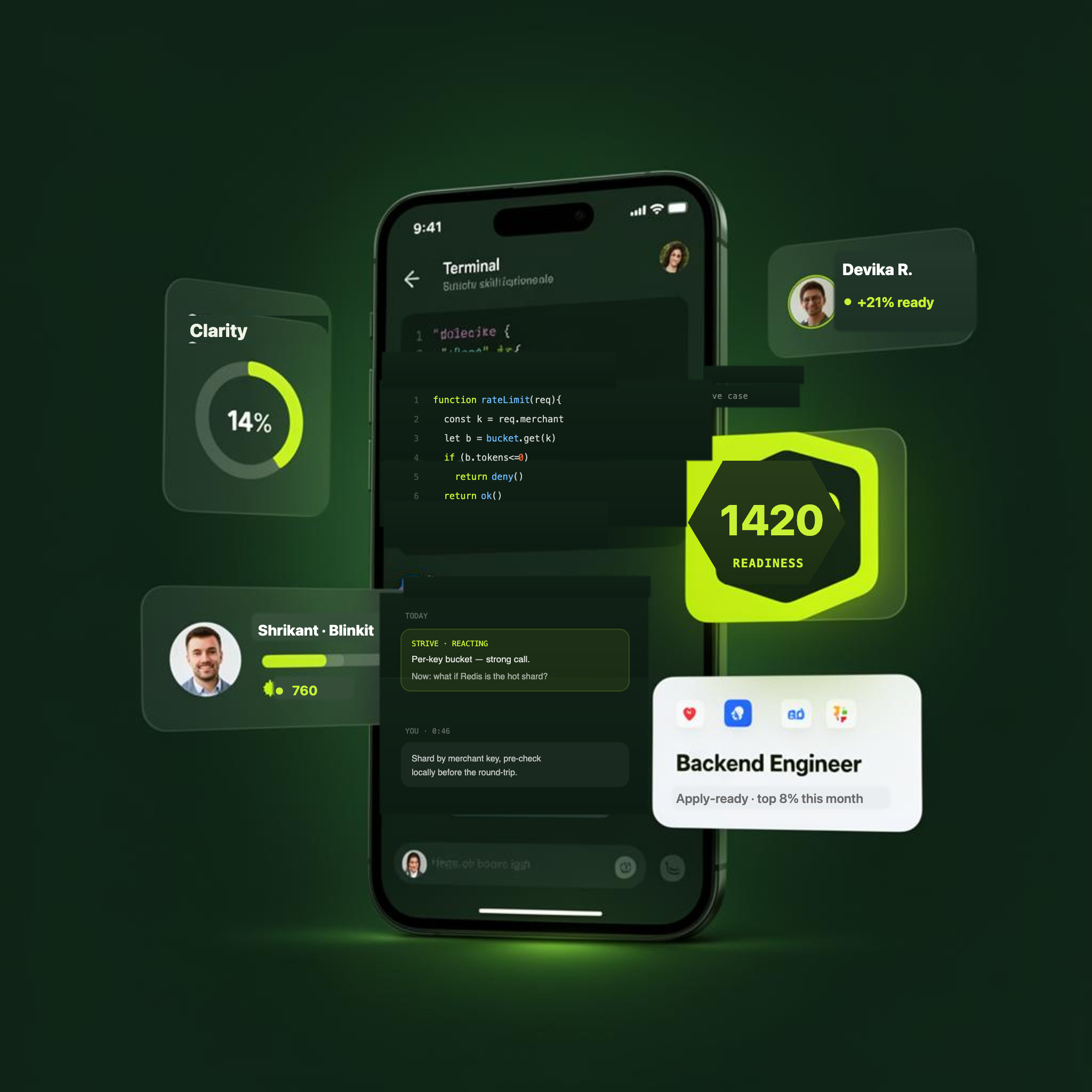 The Strive app — a live system-design case with an AI coach, a mentor note, a readiness score and an apply-ready Backend Engineer profile