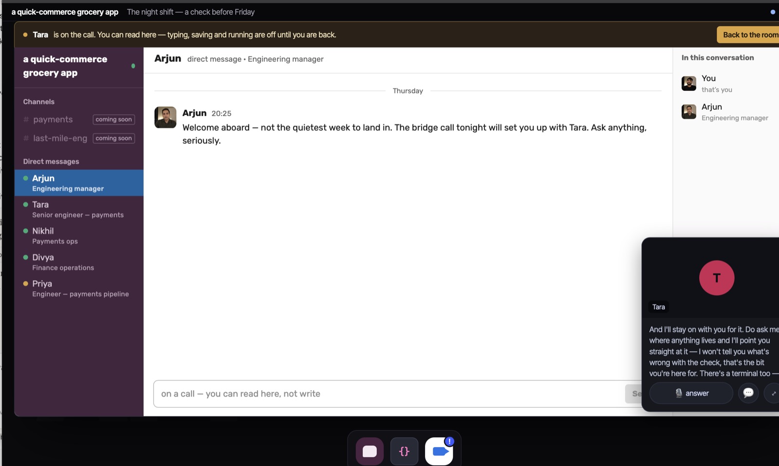 Strive prototype — workspace DM from Arjun, the engineering manager