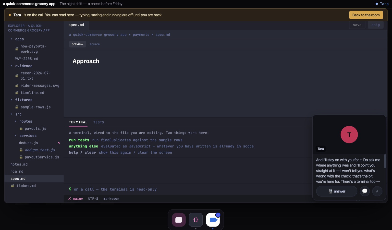 Strive prototype — in-app editor with spec, terminal and test runner